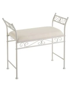 LolaHome Banquette En Métal Blanc Et Assise Rembourrée Coton Beige 73x30x65.5cm