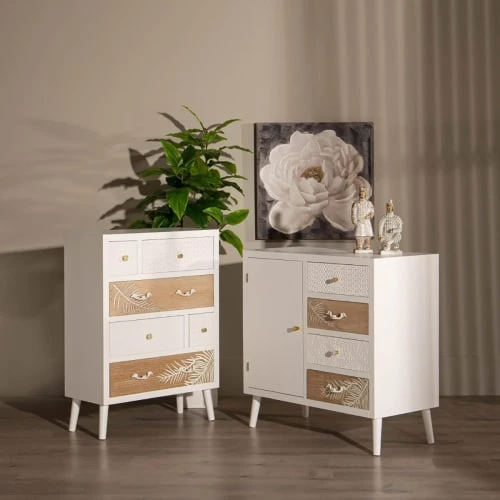 Altobuy Buffet 1 Porte 4 Tiroirs Bois Massif Et Motif Floral 2 Altobuy Buffet 1 Porte 4 Tiroirs Bois Massif Et Motif Floral – Image 2