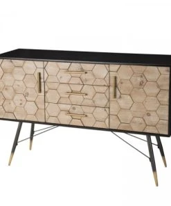 MACABANE Buffet 2 Portes 3 Tiroirs Bois Sapin Marqueté Pieds Métal -Boutique Belamp buffet 2 portes 3 tiroirs bois sapin marquete pieds metal 3