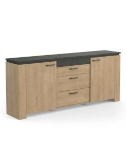 CALICOSY Buffet 2 Portes 3 Tiroirs Décor Chêne Et Gris Anthracite - L203,80 Cm -Boutique Belamp buffet 2 portes 3 tiroirs decor chene et gris anthracite l203 80 cm 2