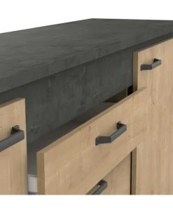 CALICOSY Buffet 2 Portes 3 Tiroirs Décor Chêne Et Gris Anthracite - L203,80 Cm -Boutique Belamp buffet 2 portes 3 tiroirs decor chene et gris anthracite l203 80 cm 3