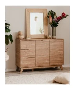 CALICOSY Buffet 2 Portes 3 Tiroirs Et 1 étagère - L120 Cm - Marron -Boutique Belamp buffet 2 portes 3 tiroirs et 1 etagere l120 cm marron 2