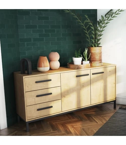 CALICOSY Buffet 2 Portes Et 3 Tiroirs Décor Chêne Hamilton Et Noir Mat 2 CALICOSY Buffet 2 Portes Et 3 Tiroirs Décor Chêne Hamilton Et Noir Mat – Image 2