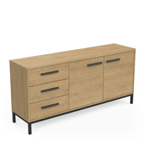 CALICOSY Buffet 2 Portes Et 3 Tiroirs Décor Chêne Hamilton Et Noir Mat 3 CALICOSY Buffet 2 Portes Et 3 Tiroirs Décor Chêne Hamilton Et Noir Mat – Image 3