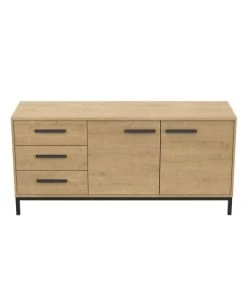 CALICOSY Buffet 2 Portes Et 3 Tiroirs Décor Chêne Hamilton Et Noir Mat