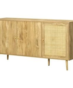 HOMCOM Buffet 3 Portes 3 étagères Style Bohème Aspect Bois Clair Cannage