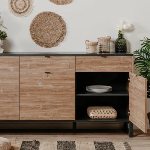 HOMIFAB Buffet 3 Portes Noir Et Effet Chêne 175 Cm 4 HOMIFAB Buffet 3 Portes Noir Et Effet Chêne 175 Cm – Image 4