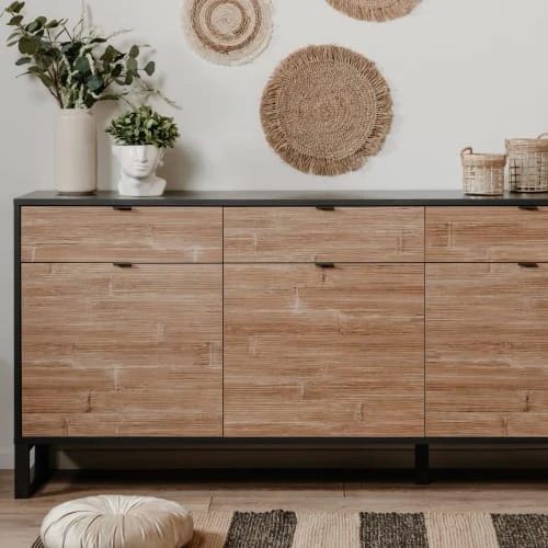 HOMIFAB Buffet 3 Portes Noir Et Effet Chêne 175 Cm 5 HOMIFAB Buffet 3 Portes Noir Et Effet Chêne 175 Cm – Image 5