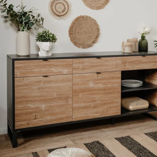 HOMIFAB Buffet 3 Portes Noir Et Effet Chêne 175 Cm 6 HOMIFAB Buffet 3 Portes Noir Et Effet Chêne 175 Cm – Image 6