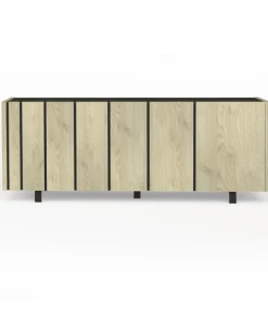 CALICOSY Buffet 4 Portes Effet Chêne Et Plateau Noir