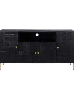 Rendez Vous Déco Buffet 4 Portes En Bois Gravé Noir Et Métal Doré