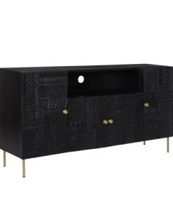 Rendez Vous Déco Buffet 4 Portes En Bois Gravé Noir Et Métal Doré -Boutique Belamp buffet 4 portes en bois grave noir et metal dore 4