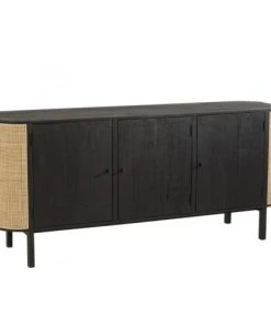 CALICOSY Buffet Avec 3 Portes En Bois Exotique Et Rotin Noir