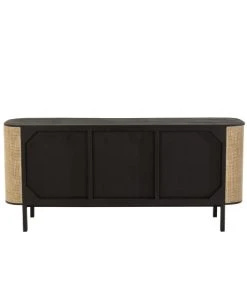 CALICOSY Buffet Avec 3 Portes En Bois Exotique Et Rotin Noir -Boutique Belamp buffet avec 3 portes en bois exotique et rotin noir 3