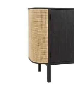 CALICOSY Buffet Avec 3 Portes En Bois Exotique Et Rotin Noir -Boutique Belamp buffet avec 3 portes en bois exotique et rotin noir 4