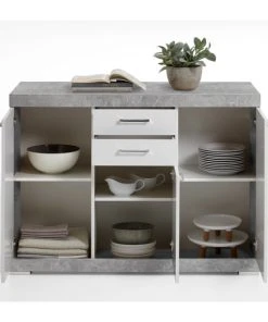 CALICOSY Buffet Avec 3 Portes Et 2 Tiroirs L120cm - Gris Béton -Boutique Belamp buffet avec 3 portes et 2 tiroirs l120cm gris beton 2