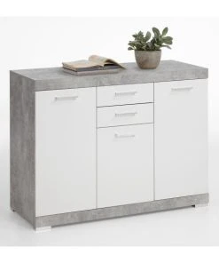 CALICOSY Buffet Avec 3 Portes Et 2 Tiroirs L120cm - Gris Béton -Boutique Belamp buffet avec 3 portes et 2 tiroirs l120cm gris beton 4
