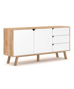 CALICOSY Buffet Bas 2 Portes 3 Tiroirs L160 Cm - Blanc