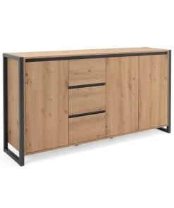 CALICOSY Buffet Bas 3 Portes 3 Tiroirs L160 Cm - Décor Bois Clair -Boutique Belamp buffet bas 3 portes 3 tiroirs l160 cm decor bois clair 2