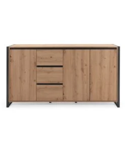 CALICOSY Buffet Bas 3 Portes 3 Tiroirs L160 Cm - Décor Bois Clair