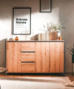 CALICOSY Buffet Bas 3 Portes 3 Tiroirs L160 Cm - Décor Bois Clair -Boutique Belamp buffet bas 3 portes 3 tiroirs l160 cm decor bois clair 5