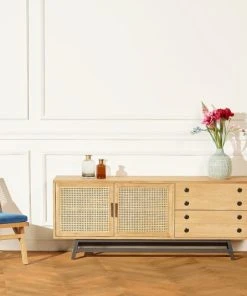 Robin Des Bois Buffet Bas En Chêne Cannage Et Métal Noir Mat L 170 Cm -Boutique Belamp buffet bas en chene cannage et metal noir mat l 170 cm 3