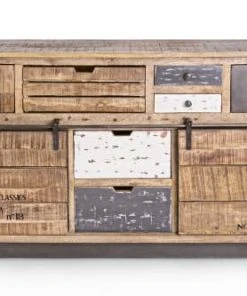 HELLIN Buffet Bas En Manguier/métal 2 Portes Coulissantes 7 Tiroirs