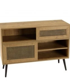 MACABANE Buffet Bas Marron 3 Niches 2 Portes Effet Cannage Pieds Métal Noir