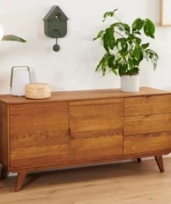 HELLIN Buffet Bas Rétro En Bois 2 Portes 3 Tiroirs L160 Bronze -Boutique Belamp buffet bas retro en bois 2 portes 3 tiroirs l160 bronze 2