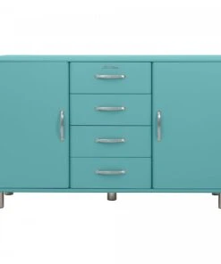 Meubles & Design Buffet Bas Style Rétro 2 Placards 4 Tiroirs Bleu