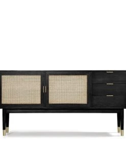 Drawer Buffet Design 2 Portes 3 Tiroirs Bois Et Cannage L170cm Noir