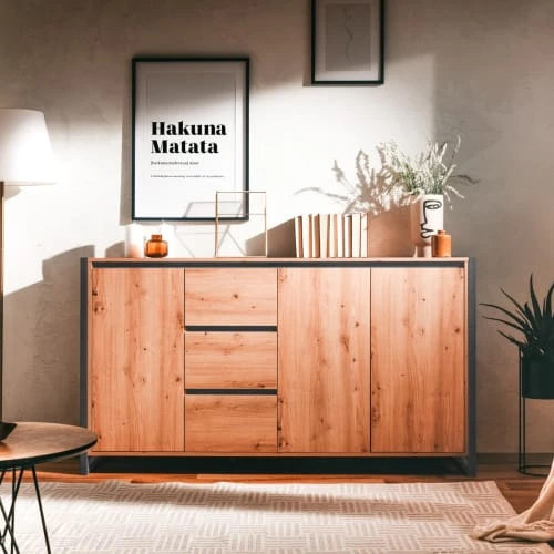 HOMIFAB Buffet Effet Chêne Et Métal Noir 160 Cm 2 HOMIFAB Buffet Effet Chêne Et Métal Noir 160 Cm – Image 2