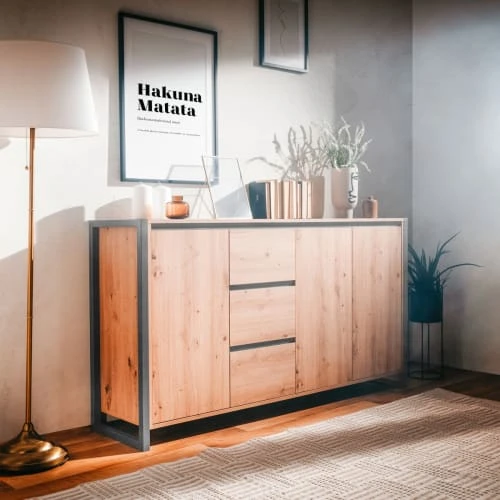 HOMIFAB Buffet Effet Chêne Et Métal Noir 160 Cm 3 HOMIFAB Buffet Effet Chêne Et Métal Noir 160 Cm – Image 3