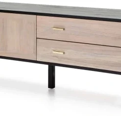 Thai Natura Buffet En Bois 2 Portes 2 Tiroirs Noir Et Bois Clair Cérusé