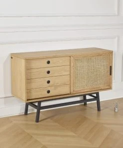 Robin Des Bois Buffet En Chêne Cannage Et Métal Noir Mat L 121 Cm -Boutique Belamp buffet en chene cannage et metal noir mat l 121 cm 2