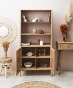 TOILINUX Buffet En Rotin Et Panneaux De Particules 2 Portes Et 3 étagères -Boutique Belamp buffet en rotin et panneaux de particules 2 portes et 3 etageres 5