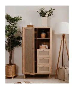 CALICOSY Buffet Haut 1 Porte, 3 Tiroirs Et 2 Compartiments - H141 Cm - Beige -Boutique Belamp buffet haut 1 porte 3 tiroirs et 2 compartiments h141 cm beige 2