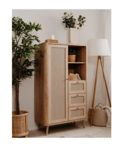 CALICOSY Buffet Haut 1 Porte, 3 Tiroirs Et 2 Compartiments - H141 Cm - Beige -Boutique Belamp buffet haut 1 porte 3 tiroirs et 2 compartiments h141 cm beige 3