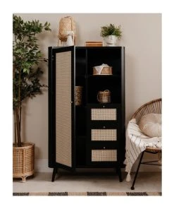 CALICOSY Buffet Haut 1 Porte, 3 Tiroirs Et 2 Compartiments - H141 Cm - Noir -Boutique Belamp buffet haut 1 porte 3 tiroirs et 2 compartiments h141 cm noir 2