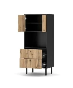 CALICOSY Buffet Haut 2 Portes 2 Tiroirs L57 X H135 Cm - Décor Chêne Et Noir -Boutique Belamp buffet haut 2 portes 2 tiroirs l57 x h135 cm decor chene et noir 2