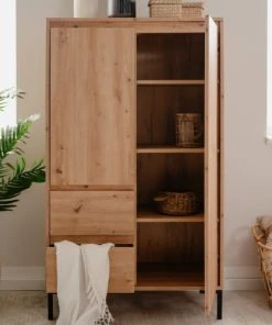 HOMIFAB Buffet Haut 2 Portes Effet Chêne 81 Cm -Boutique Belamp buffet haut 2 portes effet chene 81 cm 2