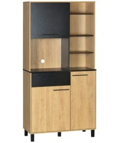 HOMCOM Buffet Haut 3 Portes Tiroir 5 Niches Bicolore Aspect Bois Clair Noir