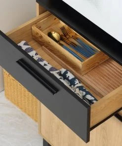 HOMCOM Buffet Haut 3 Portes Tiroir 5 Niches Bicolore Aspect Bois Clair Noir -Boutique Belamp buffet haut 3 portes tiroir 5 niches bicolore aspect bois clair noir 3