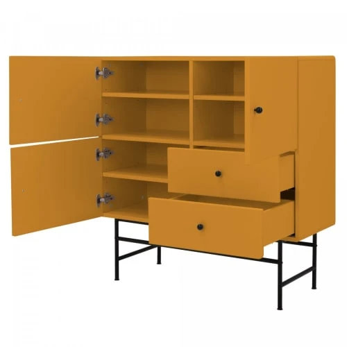 Meubles & Design Buffet Haut Moderne En Bois Et Métal 3 Placards 2 Tiroirs Moutarde 6 Meubles & Design Buffet Haut Moderne En Bois Et Métal 3 Placards 2 Tiroirs Moutarde – Image 6