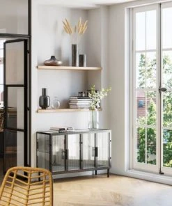 Zago Buffet Indus Métal Noir Et Verre Trempé Texturé 3 Portes -Boutique Belamp buffet indus metal noir et verre trempe texture 3 portes 2