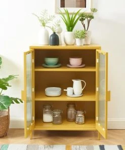 Pantone Buffet Jaune Moutarde Portes En Verre Cannelé -Boutique Belamp buffet jaune moutarde portes en verre cannele 3