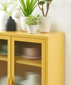 Pantone Buffet Jaune Moutarde Portes En Verre Cannelé -Boutique Belamp buffet jaune moutarde portes en verre cannele 4