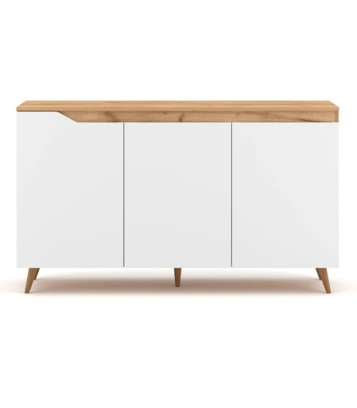 CALICOSY Buffet Scandinave 3 Portes L140 Cm - Décor Blanc Et Bois Clair 1 CALICOSY Buffet Scandinave 3 Portes L140 Cm - Décor Blanc Et Bois Clair