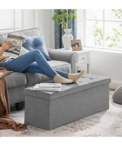 CALICOSY Coffre De Rangement Avec 2 Compartiments Intérieur - L110 Cm - Gris -Boutique Belamp coffre de rangement avec 2 compartiments interieur l110 cm gris 3