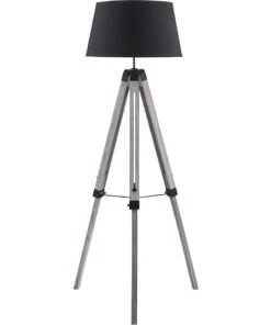 ATHM DESIGN Lampadaire Abat Jour Tissu Noir Et Pieds Bois
